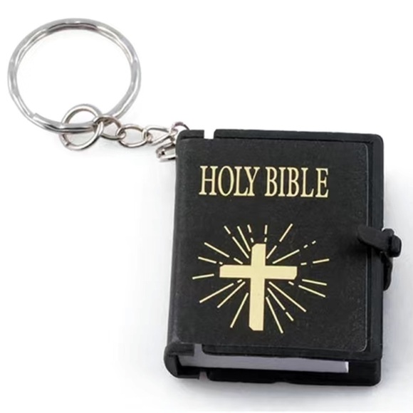 Bible Keychain Turnable Pages Pages Religious Mini Bible Book Pendant Black Gold - Picture 1 of 16